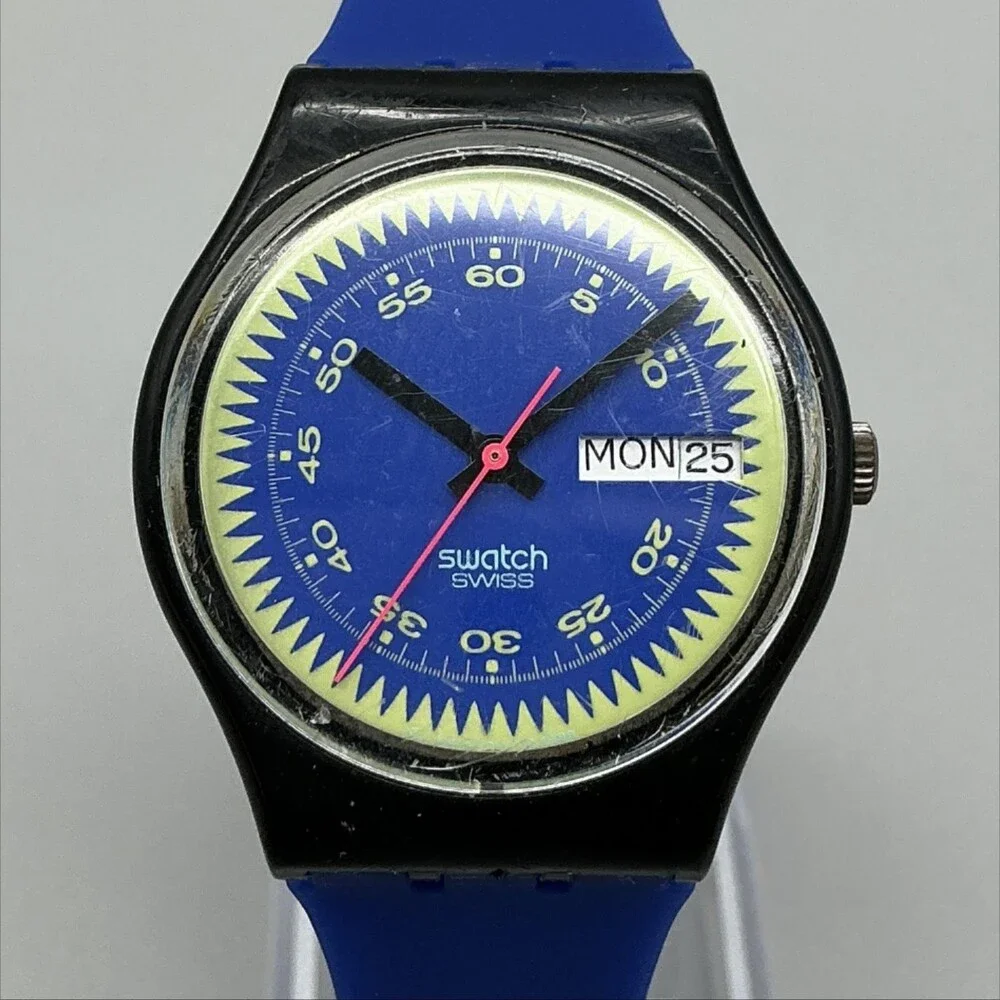 Swatch Blue Neptun Mens Watch 34mm Blue Dial Swiss Day Date New Battery